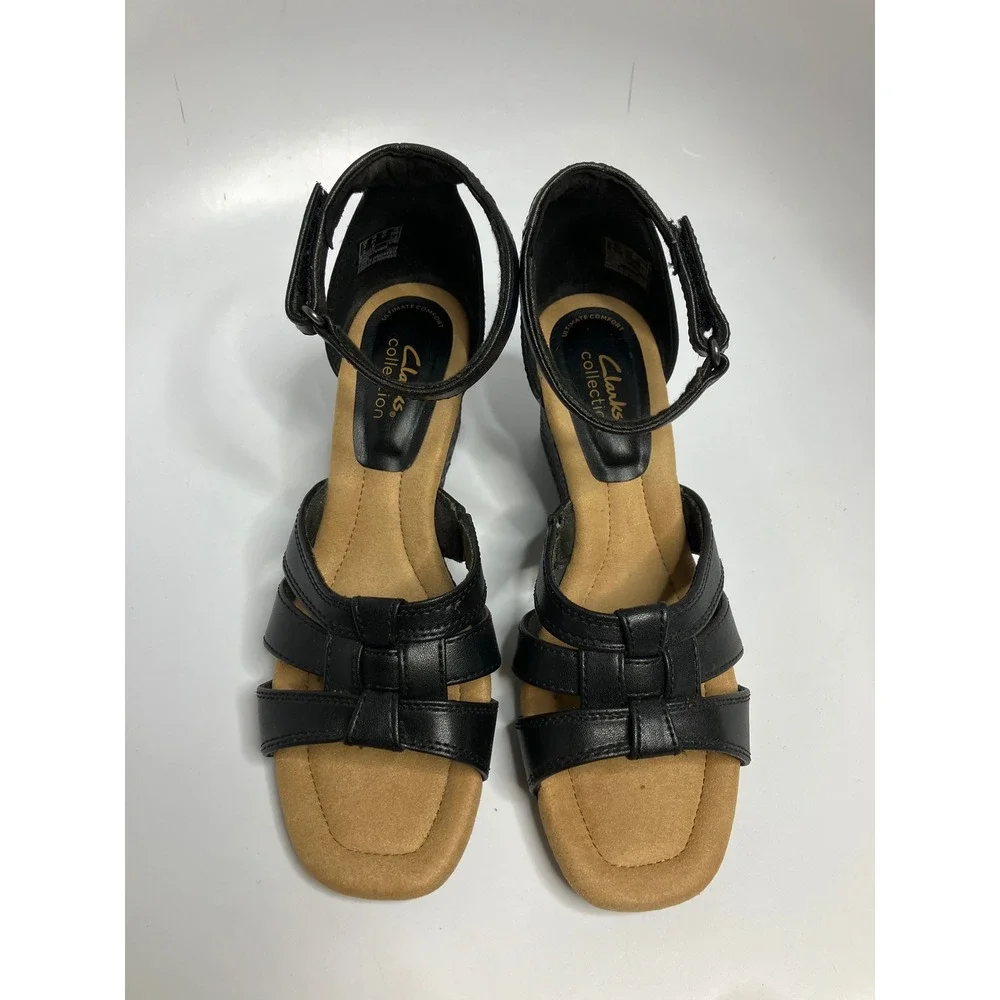 Clarks Collection Wedge Sandals Womens 6.5 Black Excellent Strappy Ankle Strap